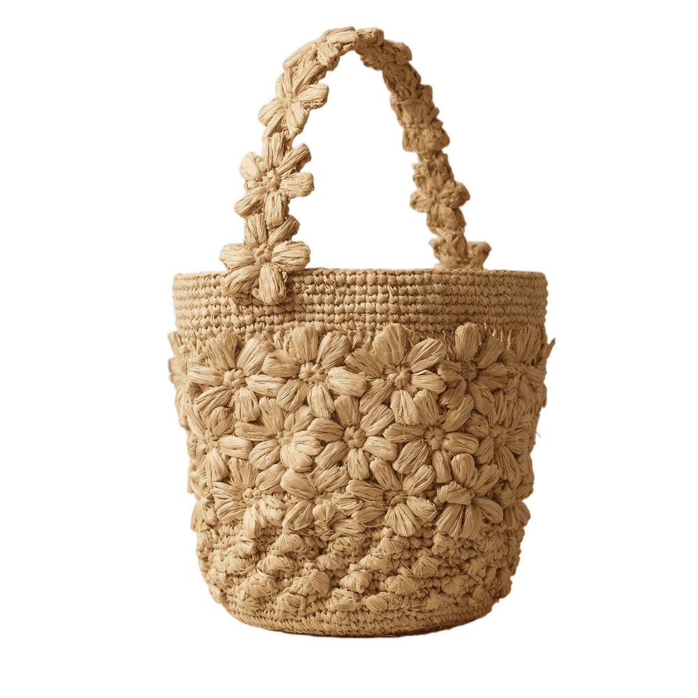 Women'S Raffia Bags - กระเป๋าถือสานทรงถังสำหรับผู้หญิง ฤดูร้อน ทำจากเส้นใยราฟเฟีย ประดับดอกโครเชต์ ทำมือ สไตล์ฝรั่งเศส